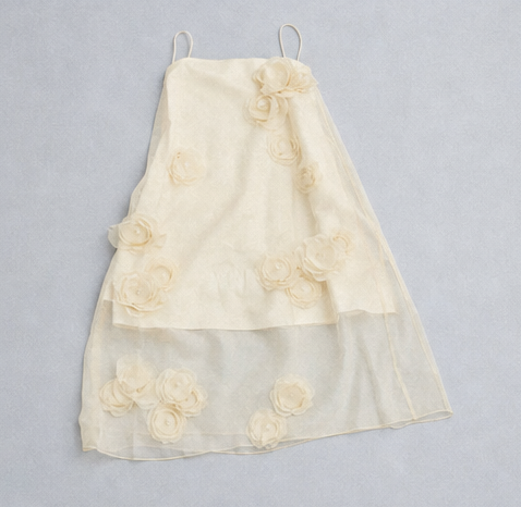 Ivory organza slip dress with hand-sewn fabric roses