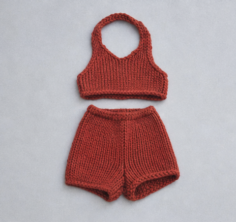 Rust red hand-knit halter and shorts set
