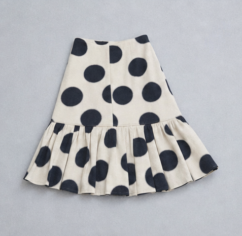Cream and black polka dot pleated midi skirt