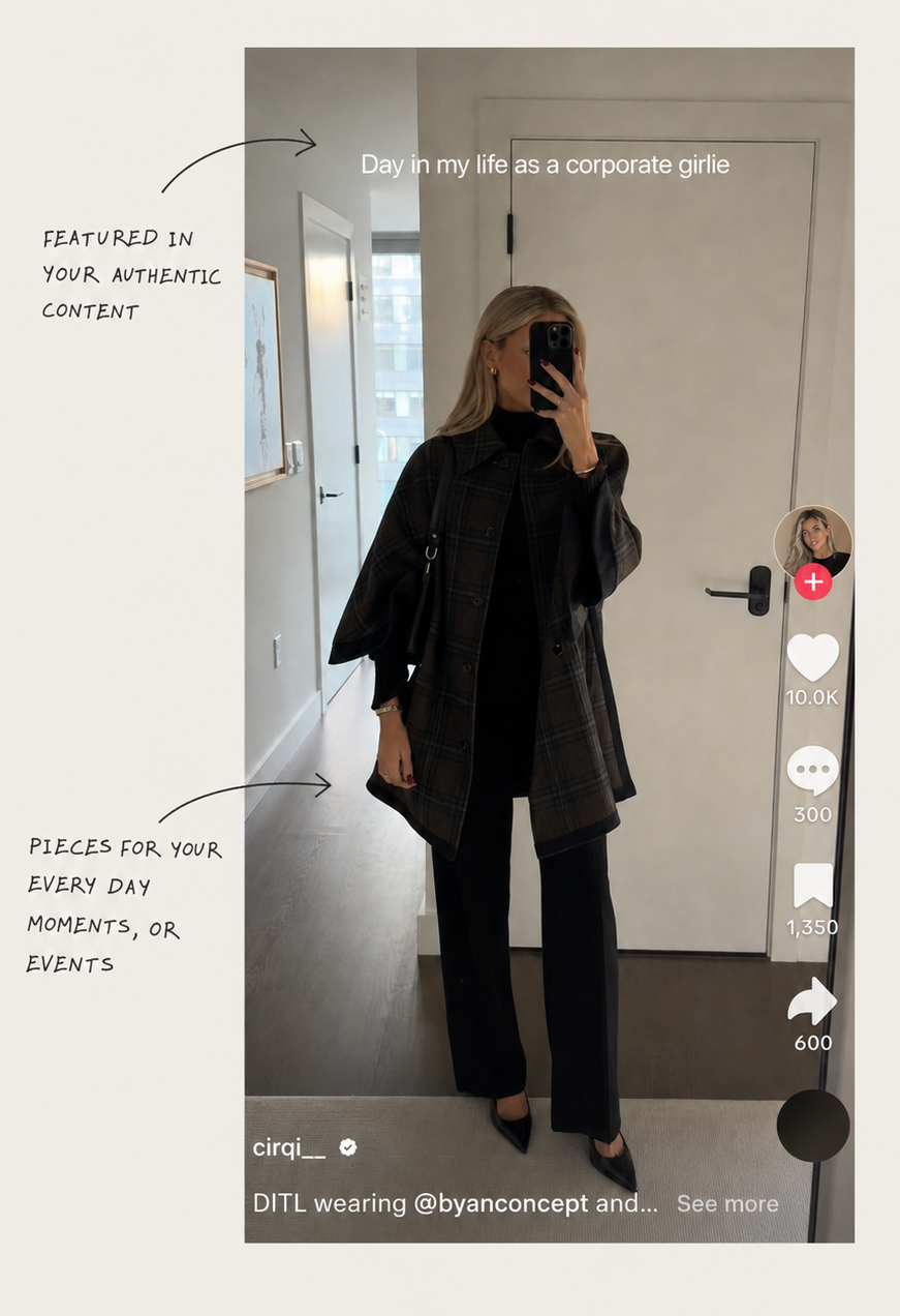 Creator filming a day-in-my-life video wearing pieces from the shared wardrobe, with handwritten notes pointing to the outfit